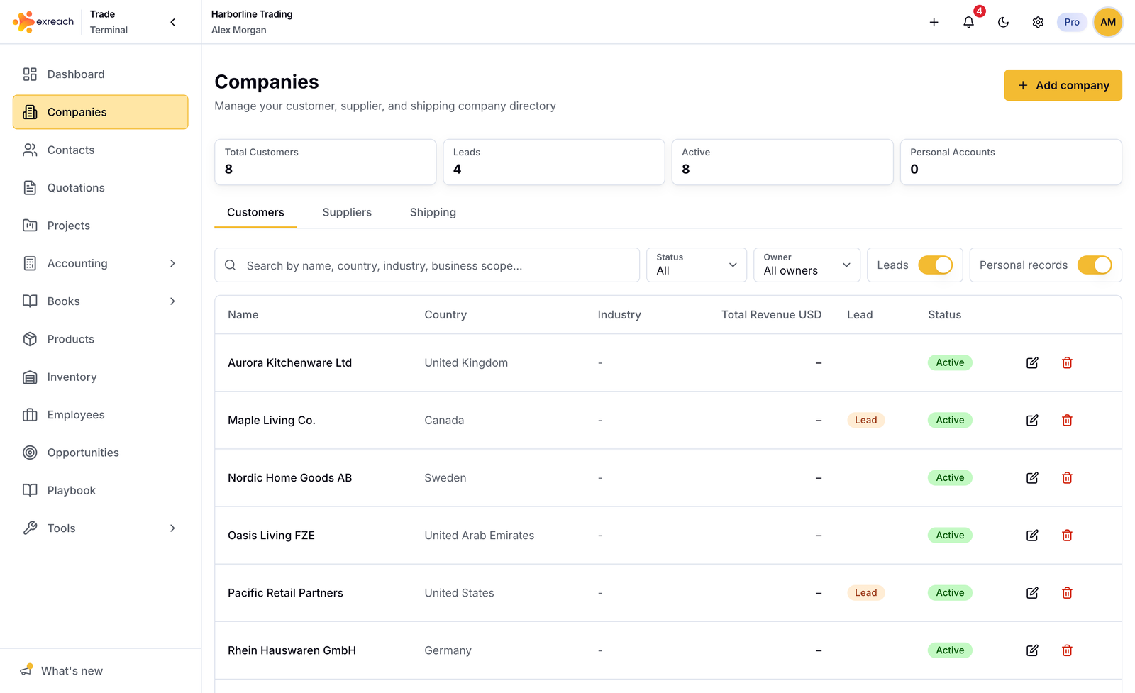 Exreach companies list with customers, revenue, commission, and status