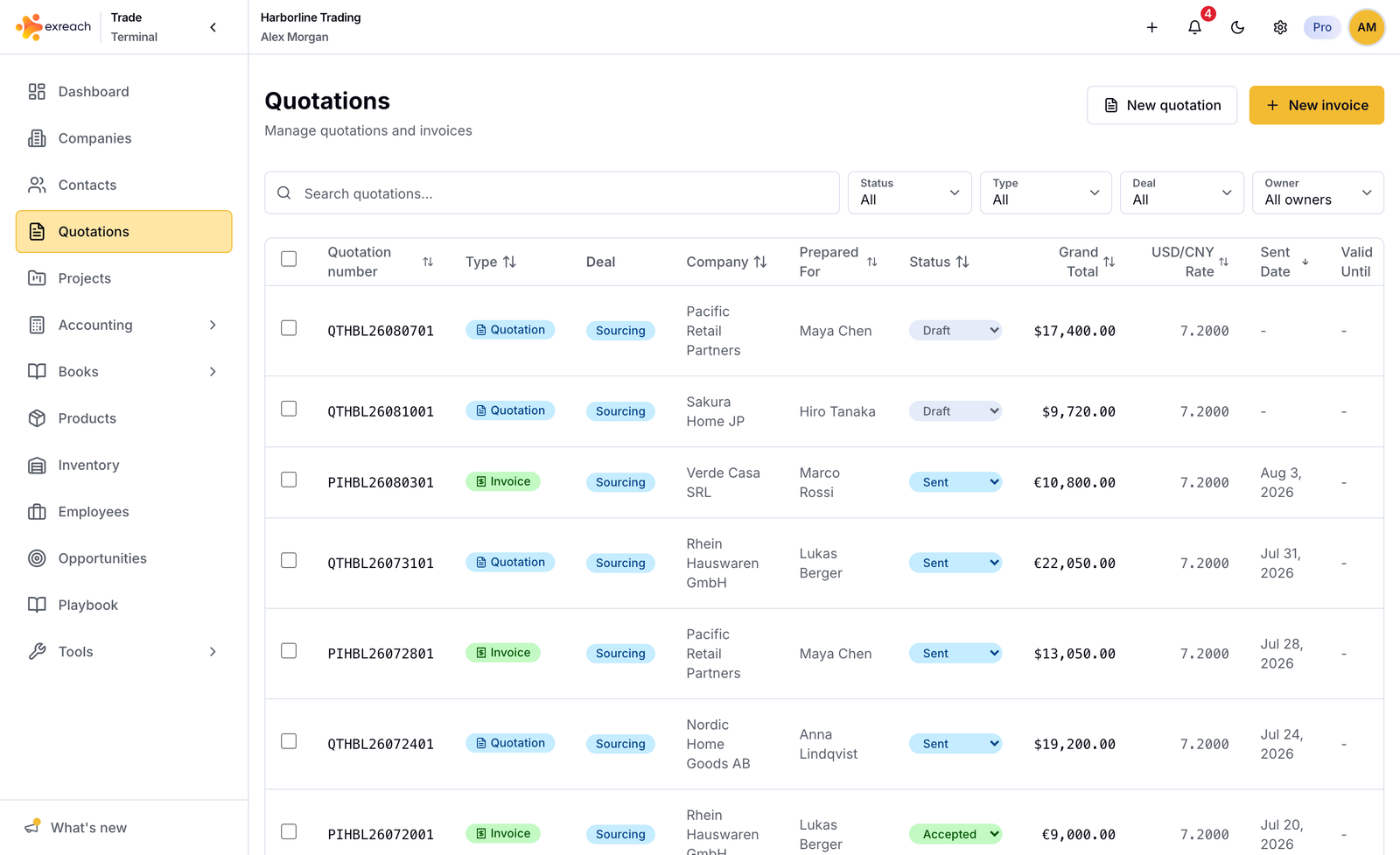 Exreach quotations and invoices list with status, totals, and USD/CNY rate